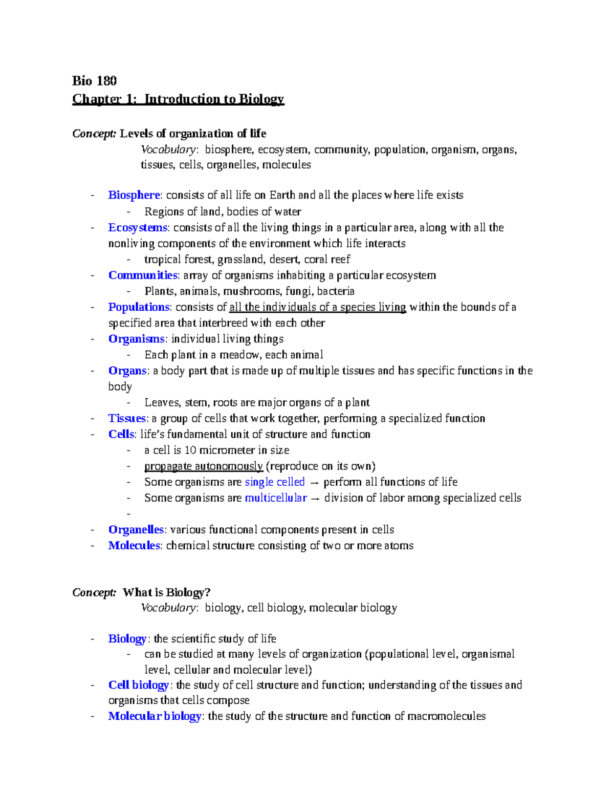 Biology Chapter 1 Review - Bio 180 Chapter 1: Introduction To Biology ...