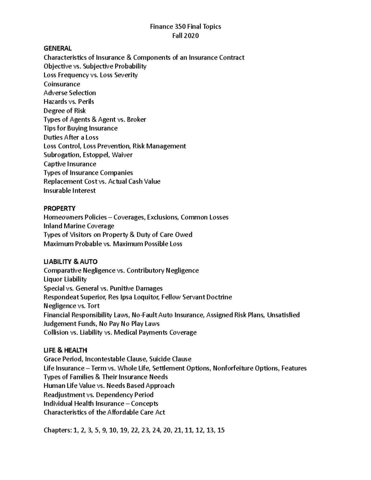 350 Final Topics - Finance 350 Final Topics Fall 2020 GENERAL ...