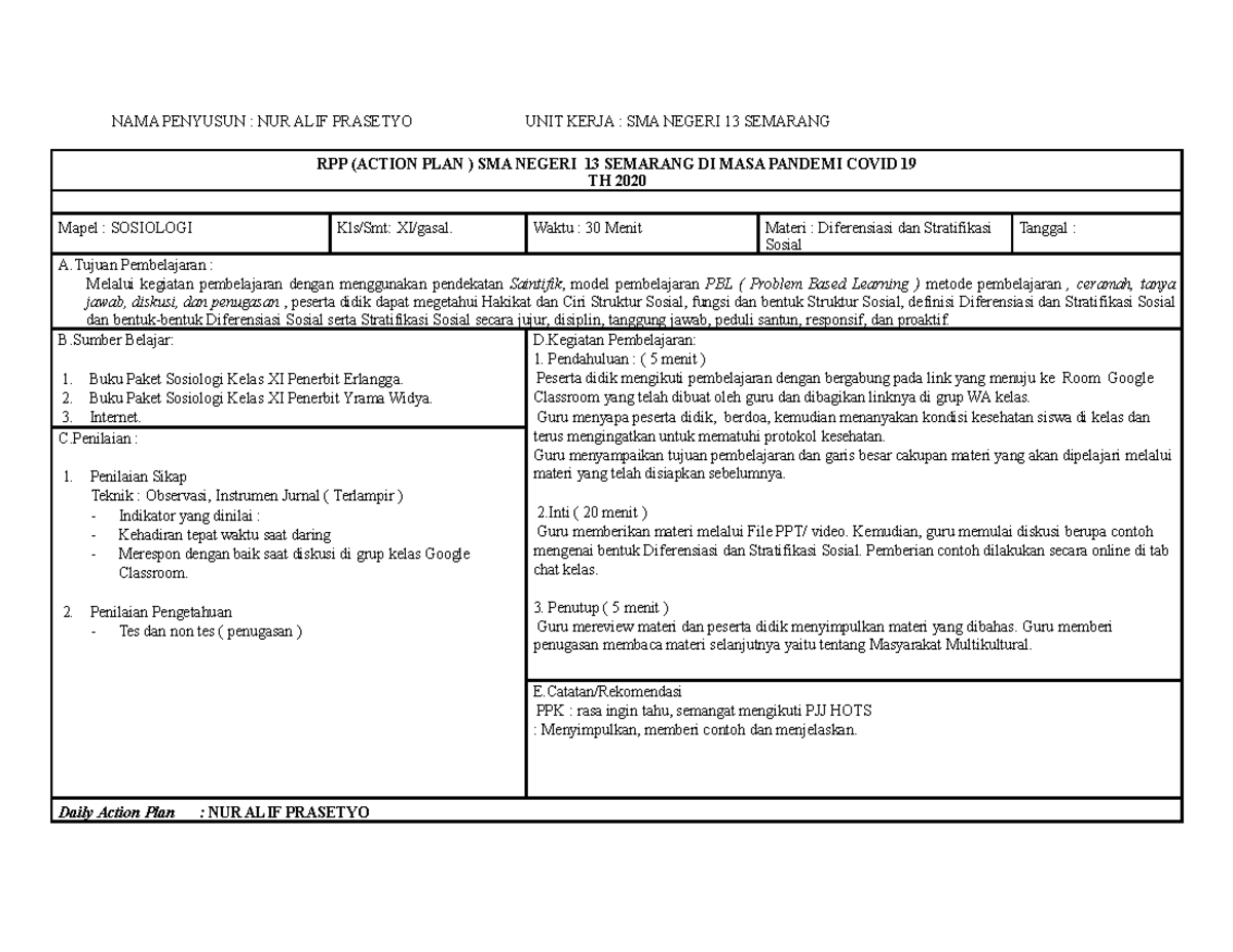 Action Plan PBL - RPP Satu Lembar Sosiologi - NAMA PENYUSUN : NUR ALIF ...