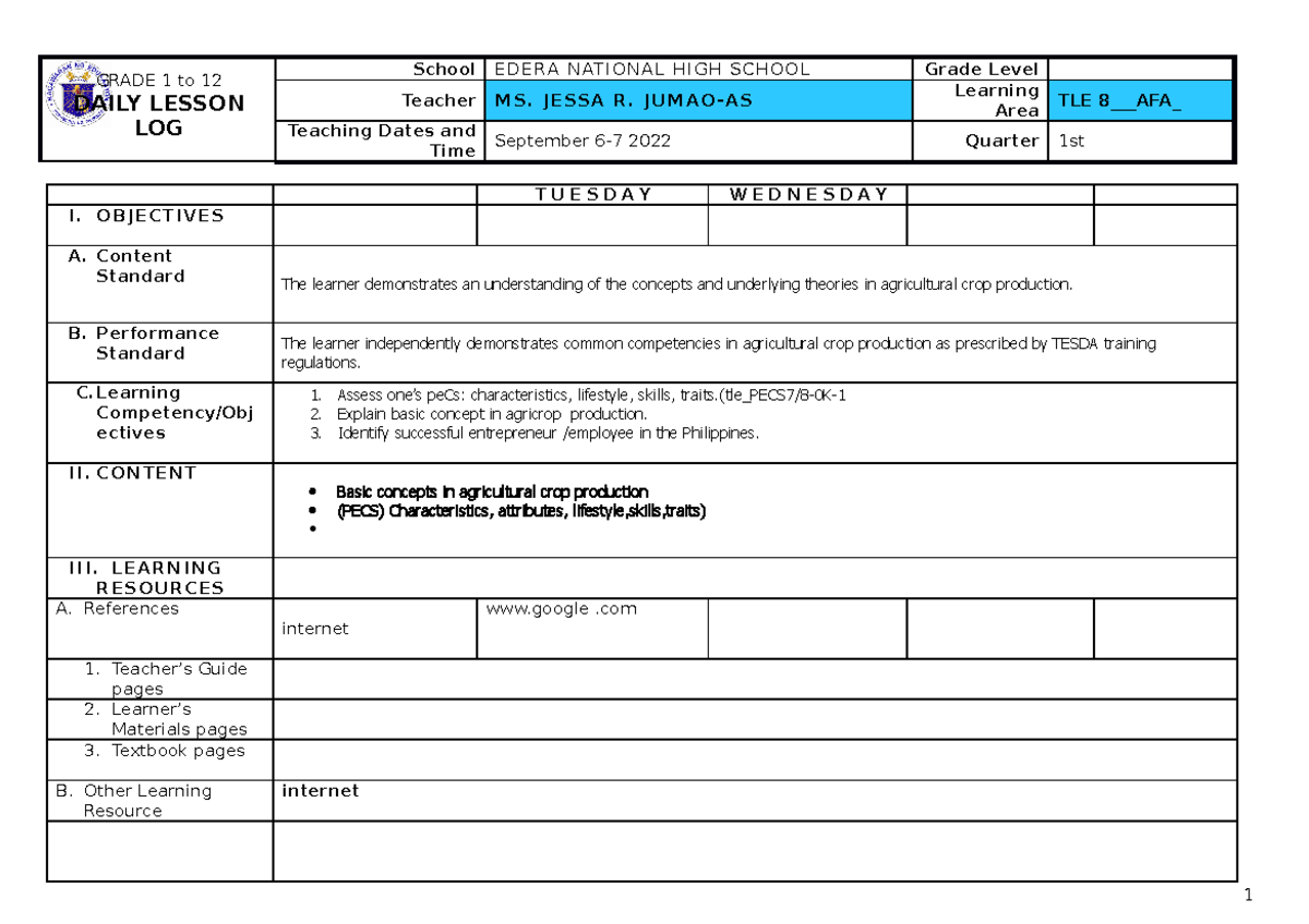 Tle 7 AFA 1ST Lesson 1ST Graing - GRADE 1 to 12 DAILY LESSON LOG School ...