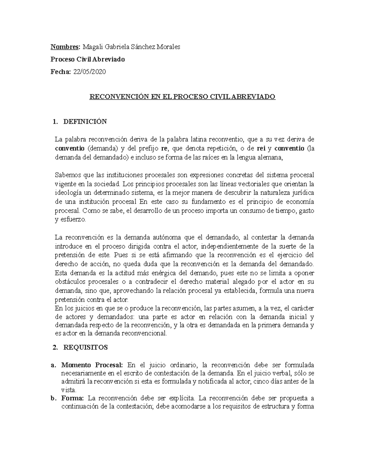 Ensayo reconvención - vdvsd - Nombres: Magali Gabriela Sánchez Morales  Proceso Civil Abreviado - Studocu