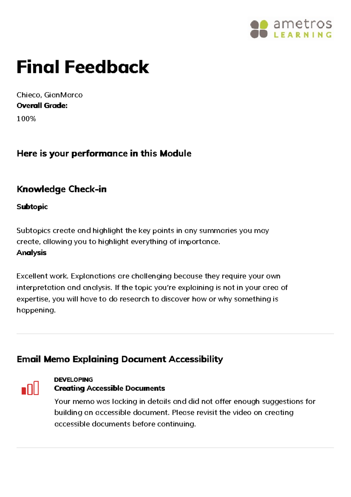 Ametros-report, summary feedback ELM 4 - Subtopics create and highlight ...