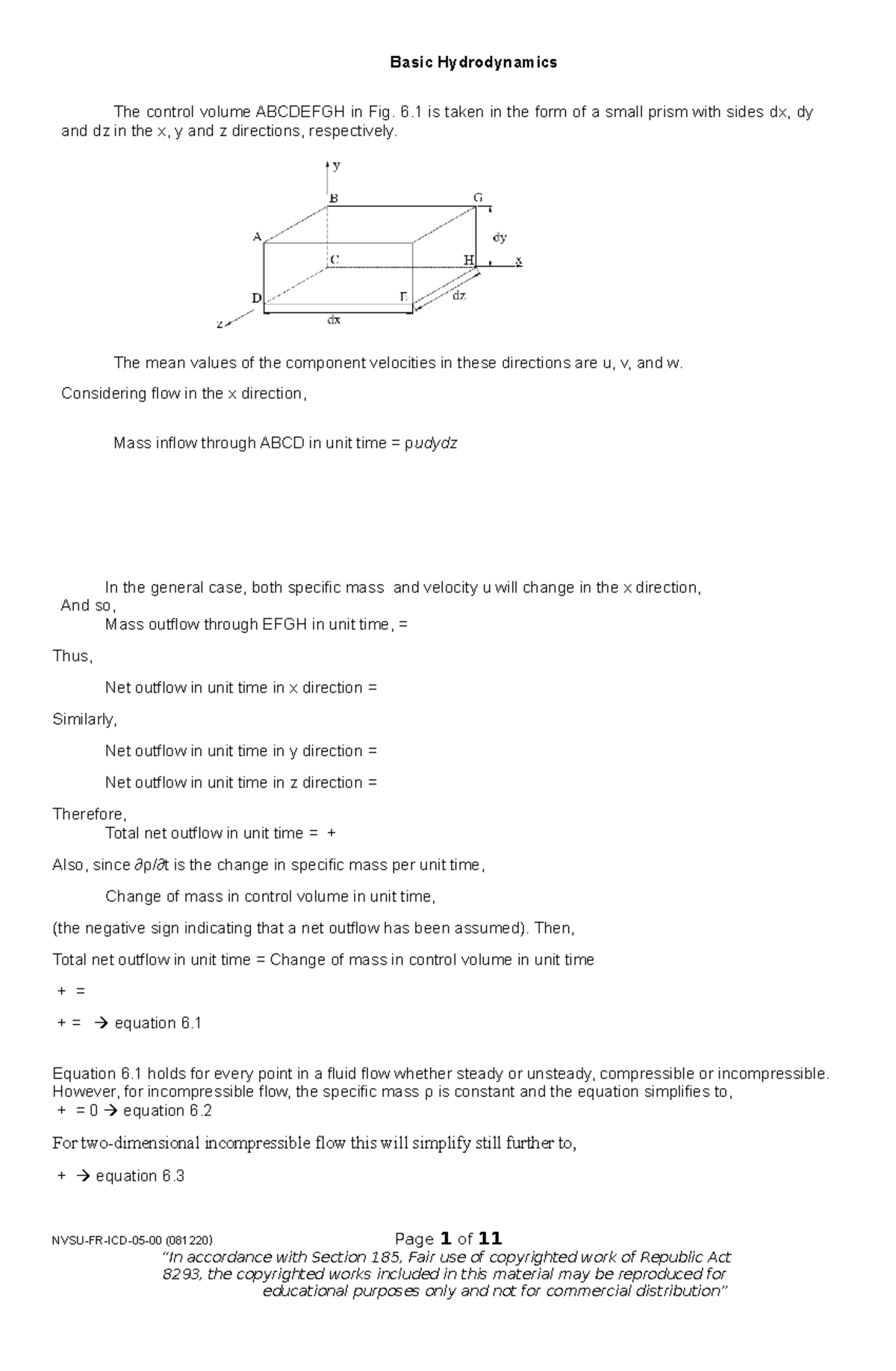 Basic Hydrodynamics 6 is taken in the form of a small prism with