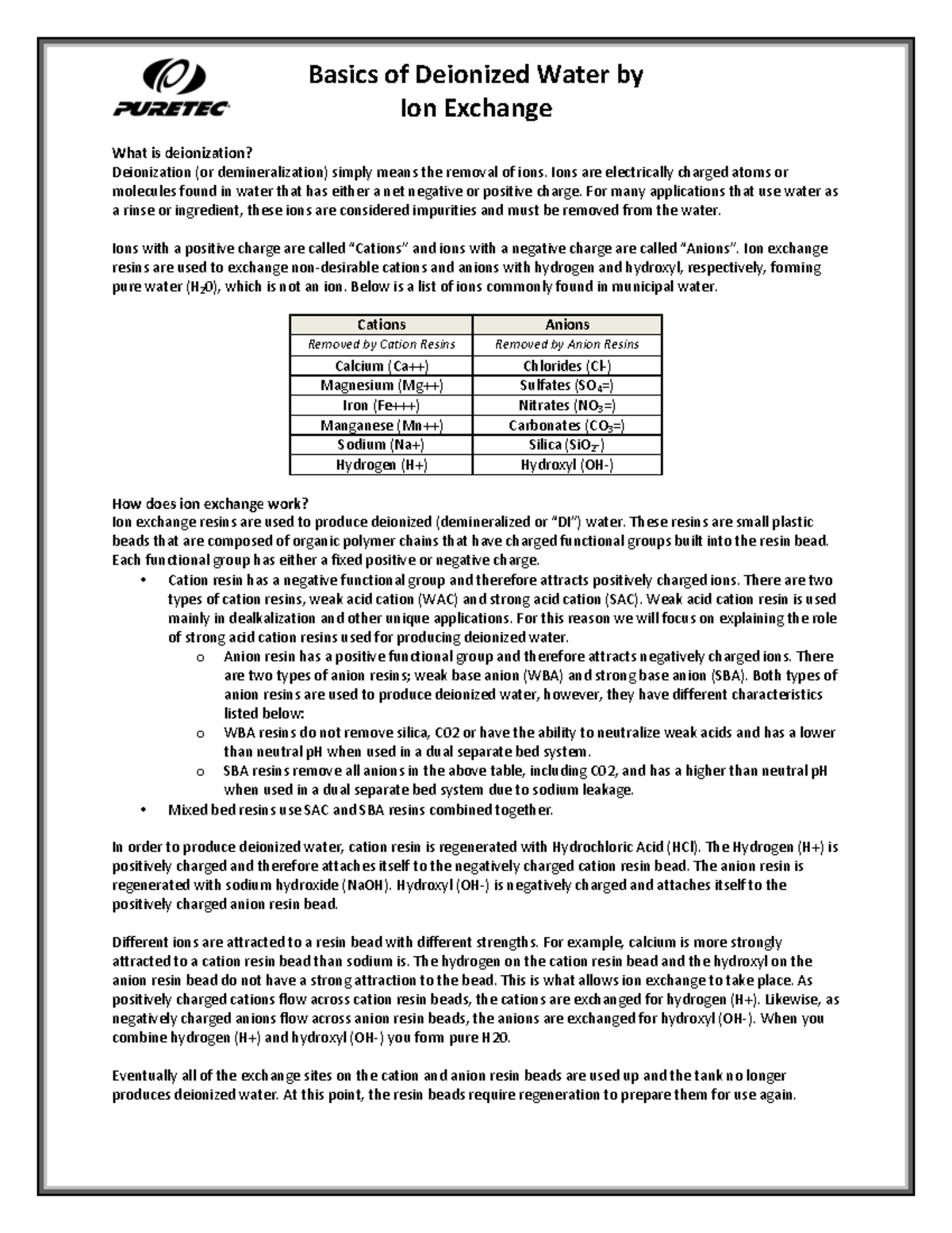 Basics of ion exchange Notes Basics of Deionized Water by Ion