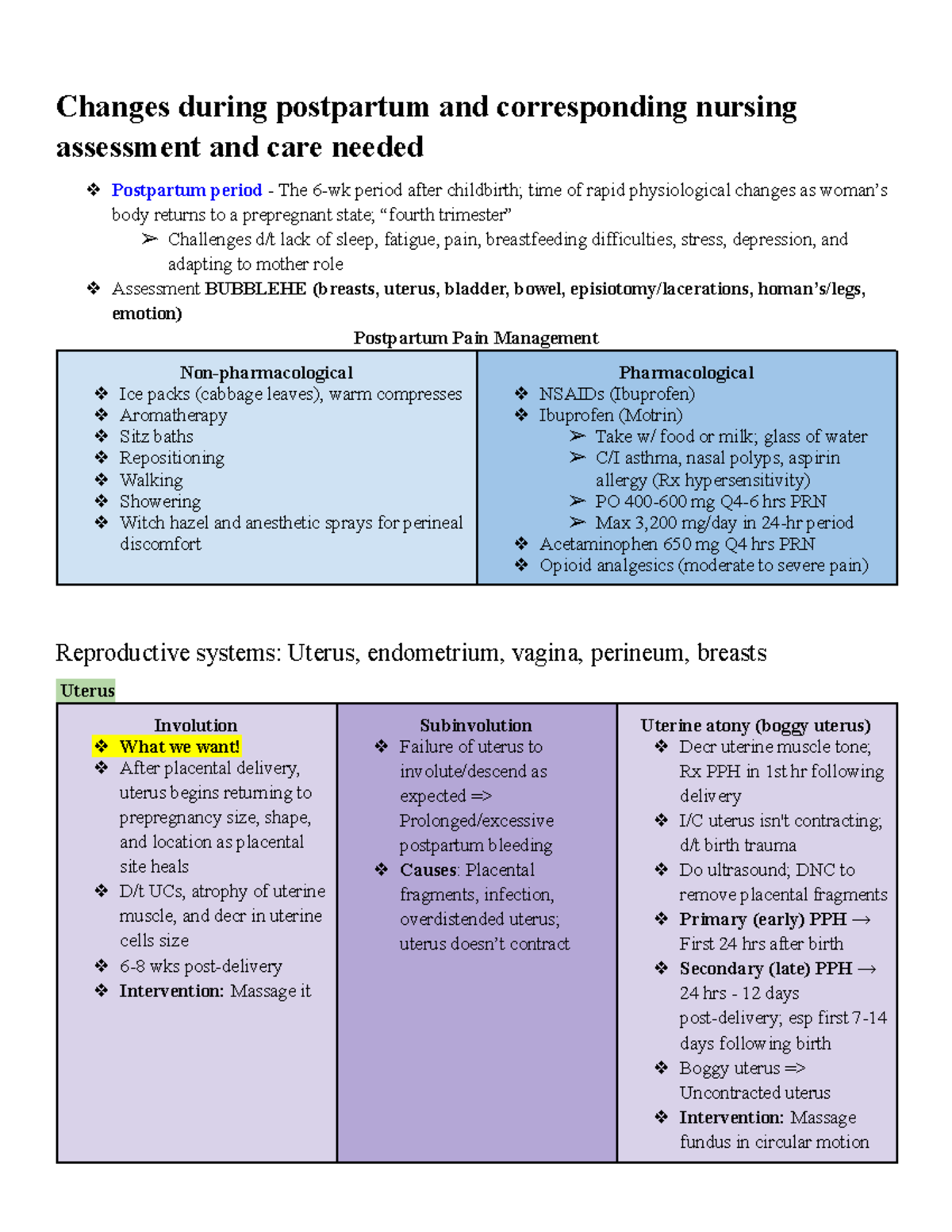 OB Week 3 - Direct information from textbook - Changes during ...