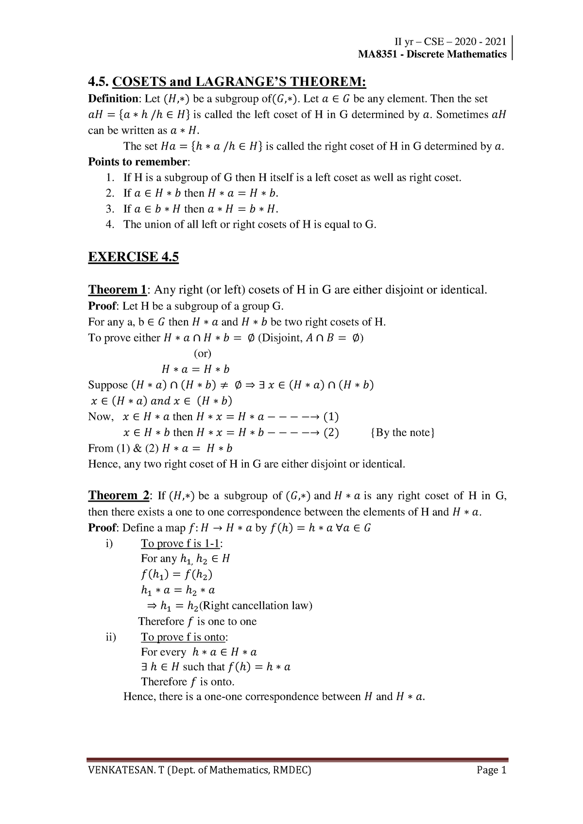 4.5. Cosets And Lagrange’S Theorem - II Yr – CSE – 2020 - 2021 MA8351 ...