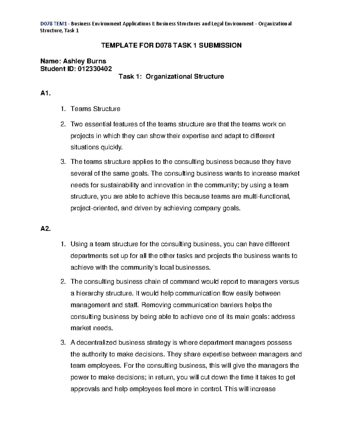 Course D078 - Task 1 - D078 TEM1 - Business Environment Applications I ...