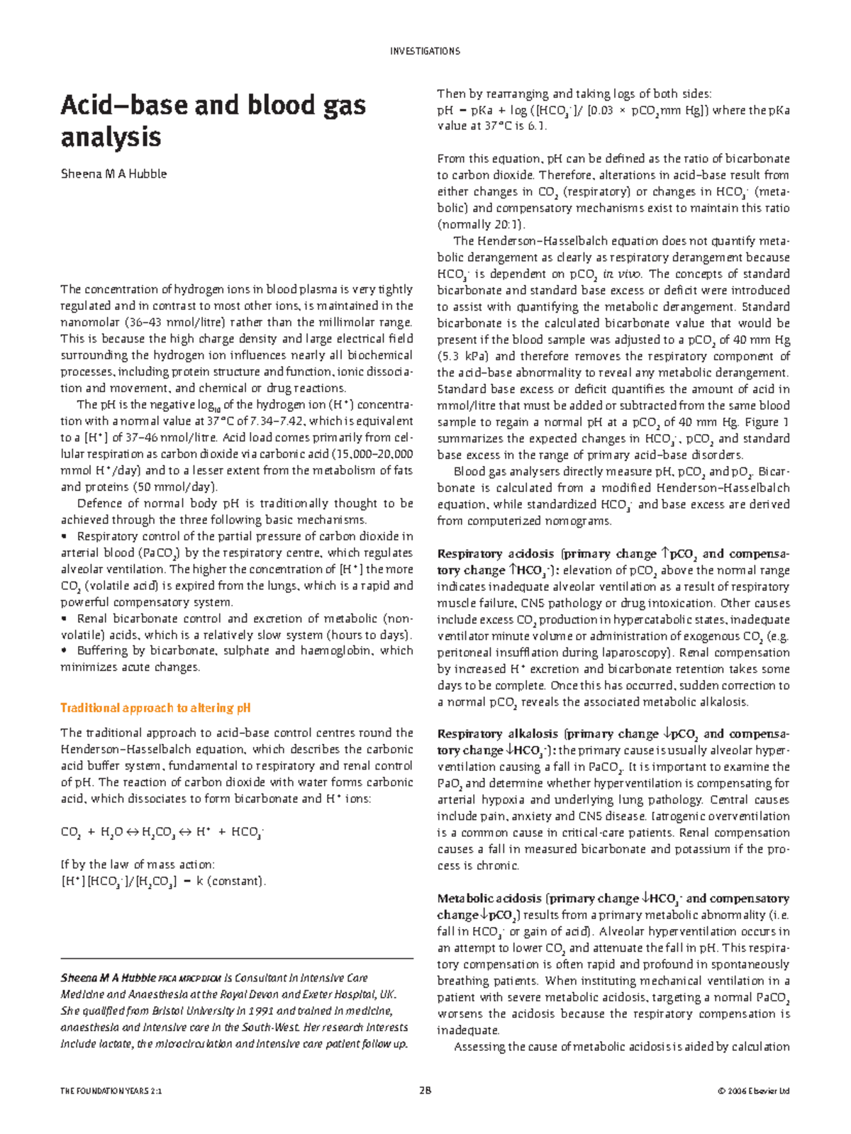 Acid–base and blood gas analysis 2006 - INVESTIGATIONS THE FOUNDATION ...