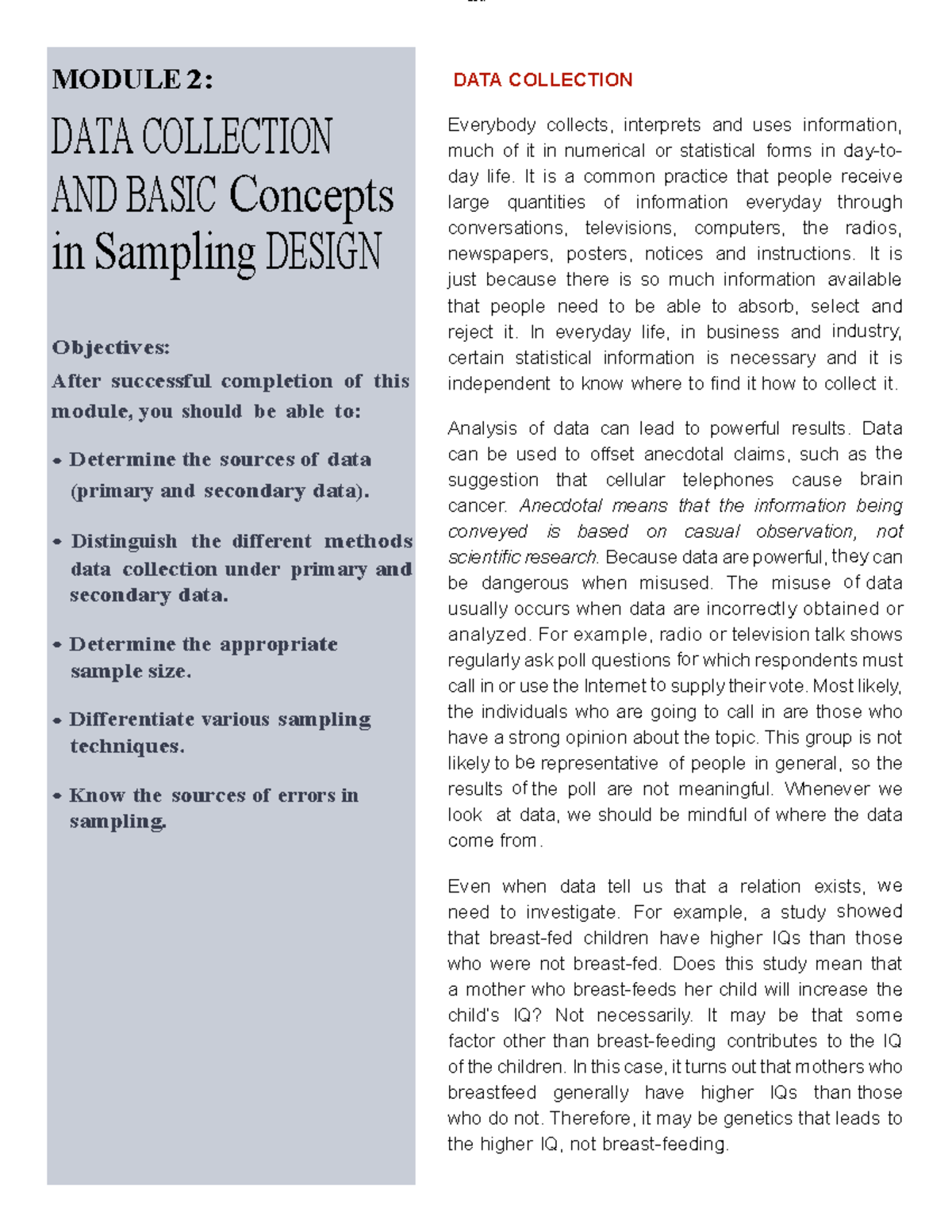 Module 2 - Gygh - MODULE 2: DATA COLLECTION AND BASIC Concepts in ...