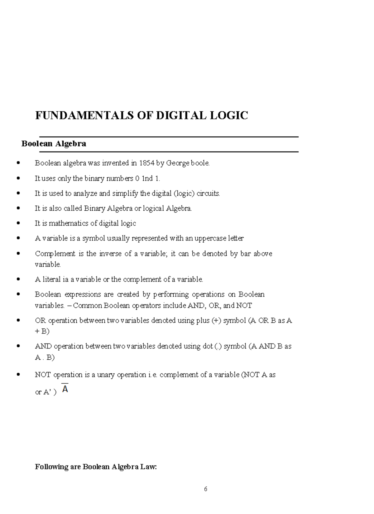 COA MSc M1 logics - FUNDAMENTALS OF DIGITAL LOGIC Boolean Algebra ...