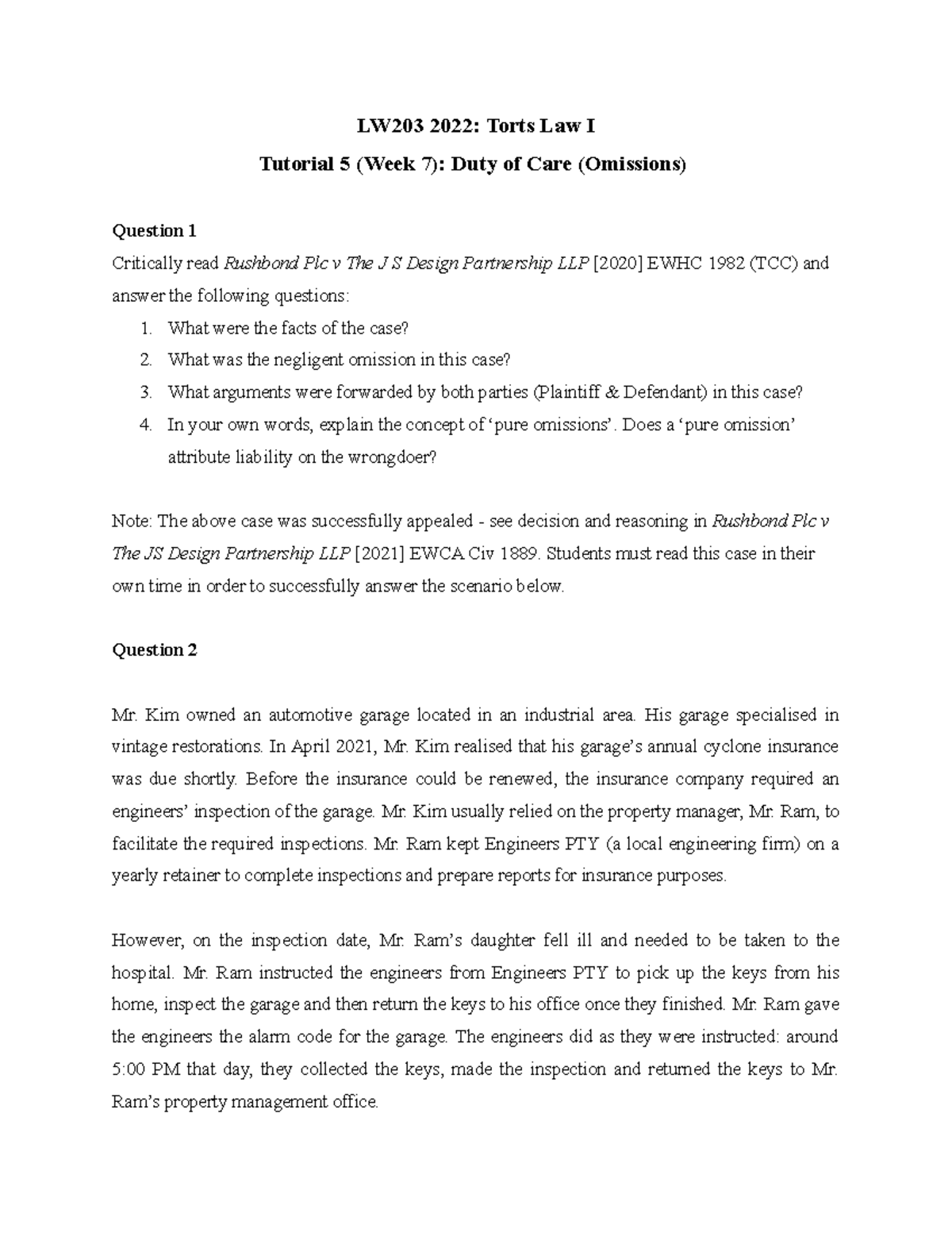 LW203 Tutorial 5 (Week 7) - Duty Of Care (Omissions) - LW203 2022 ...