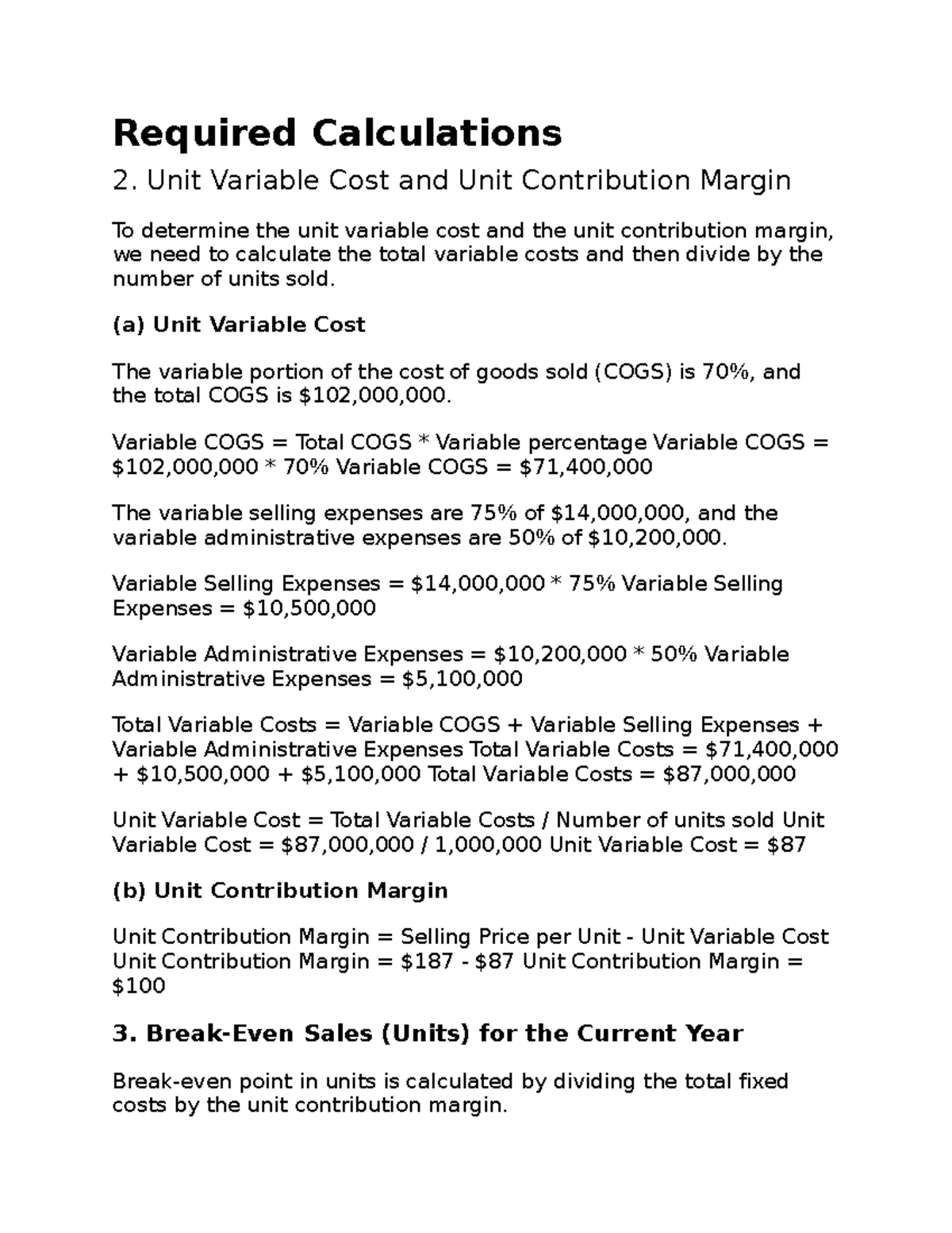 Required Calculations - Unit Variable Cost and Unit Contribution Margin ...