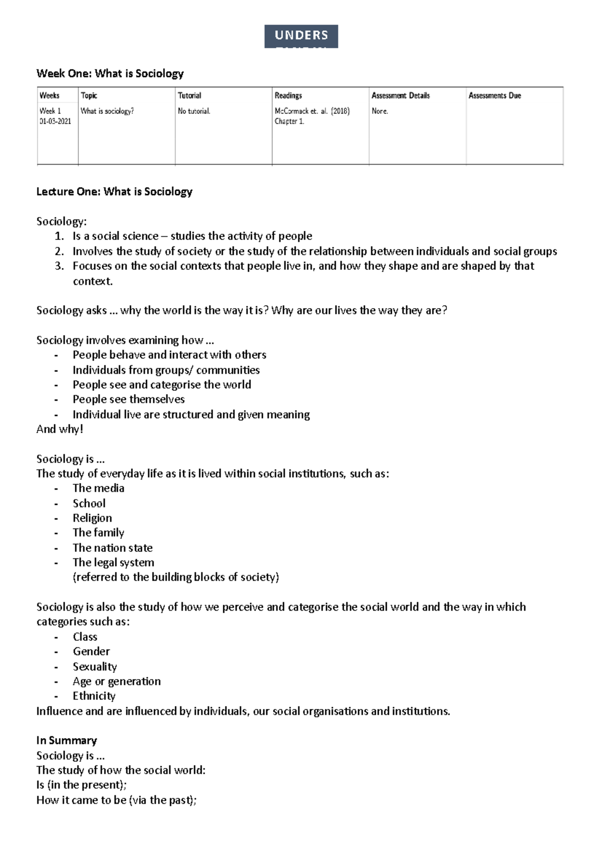 US Notes - understanding society - Week One: What is Sociology Lecture ...