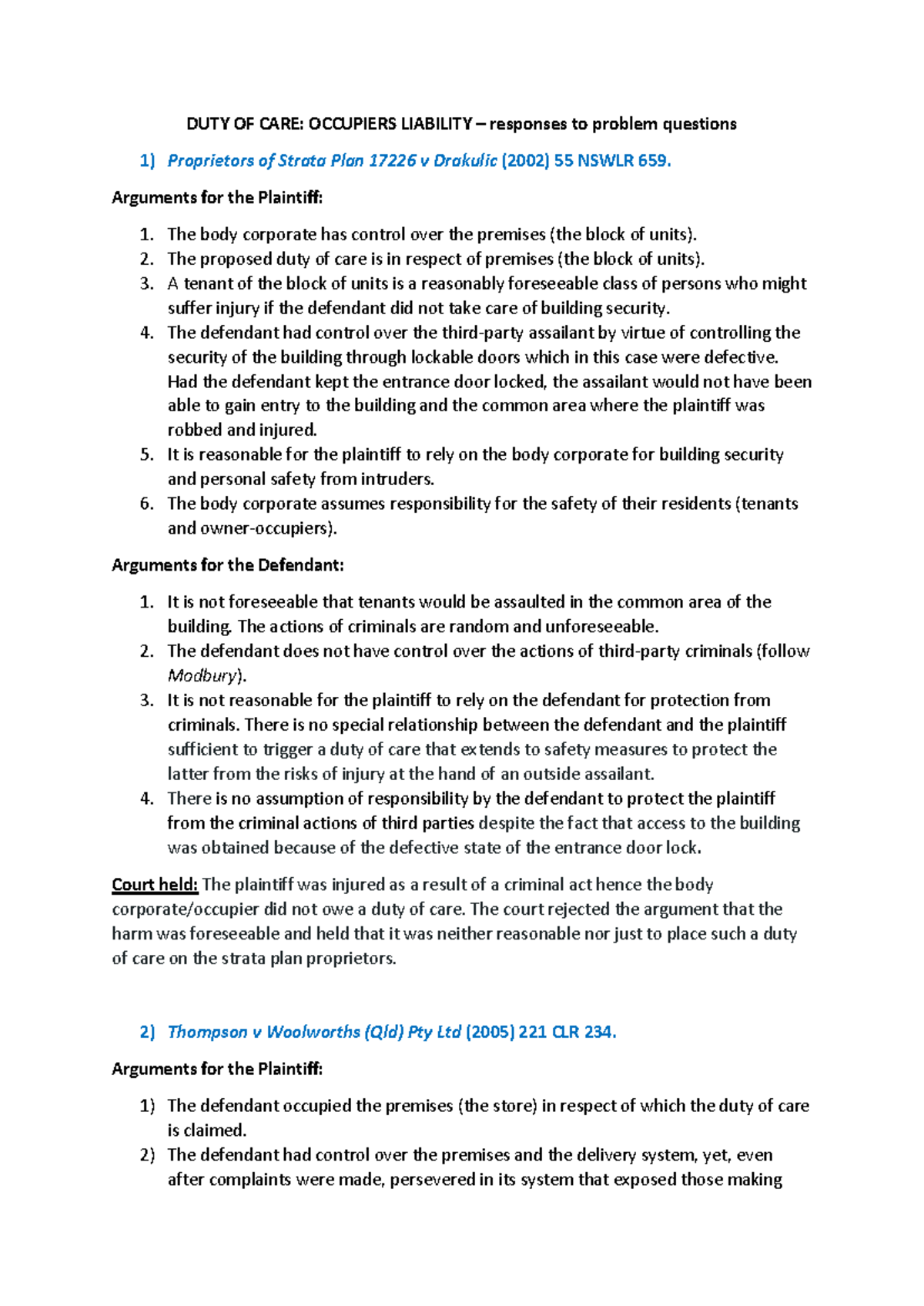 DUTY OF CARE OL Problem Questions Answers - DUTY OF CARE: OCCUPIERS ...