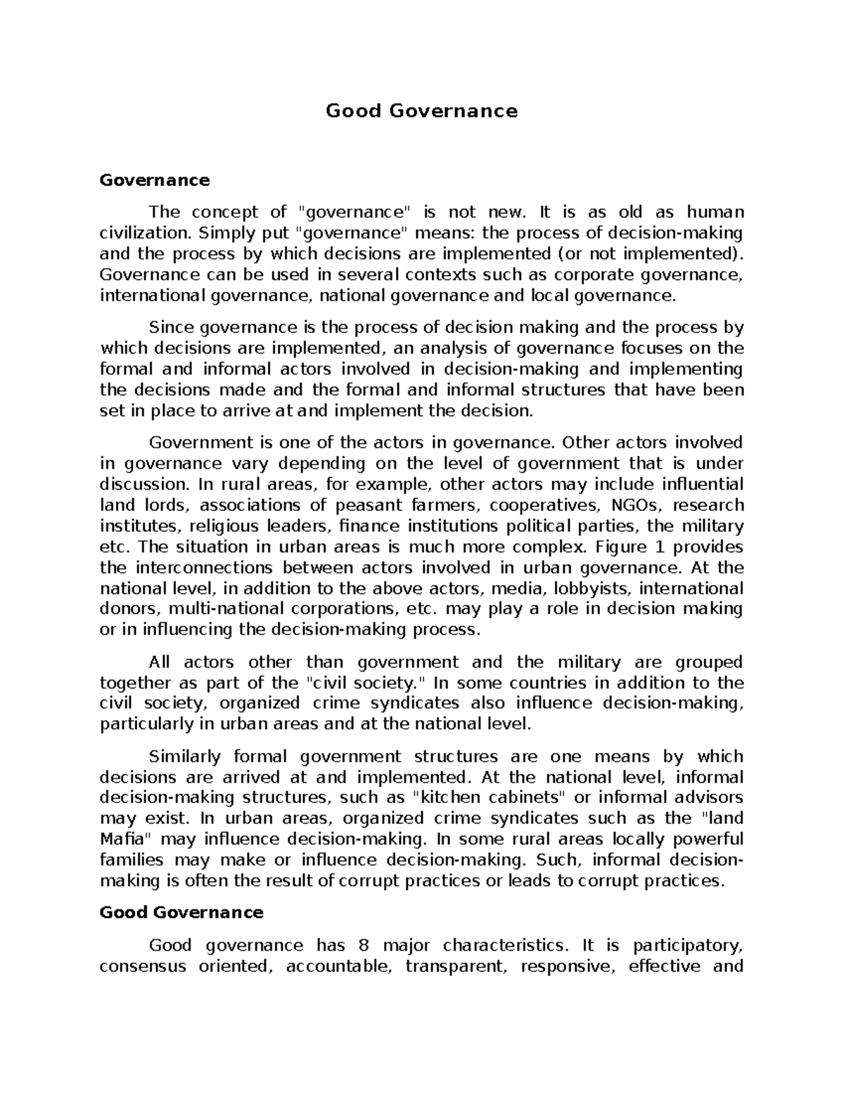 Governance and Good Governance - Good Governance Governance The concept ...