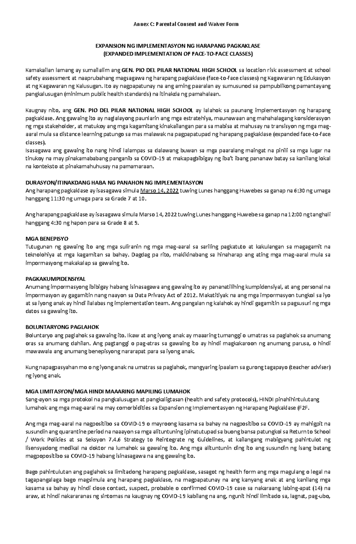 Annex C Parental Consent and Waiver Form - Annex C: Parental Consent ...