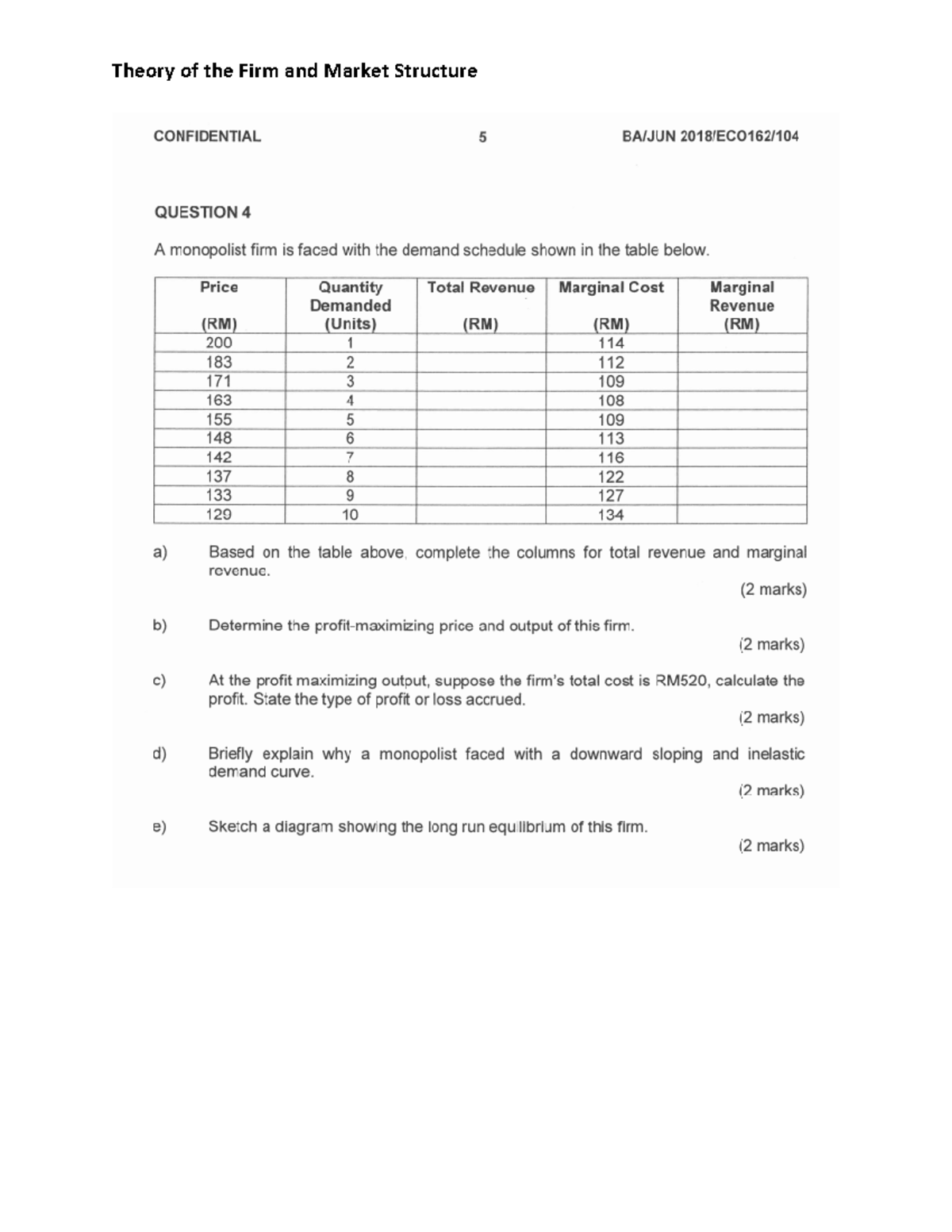 Market Structure C - exercise - Principle of Economic - Theory of the ...