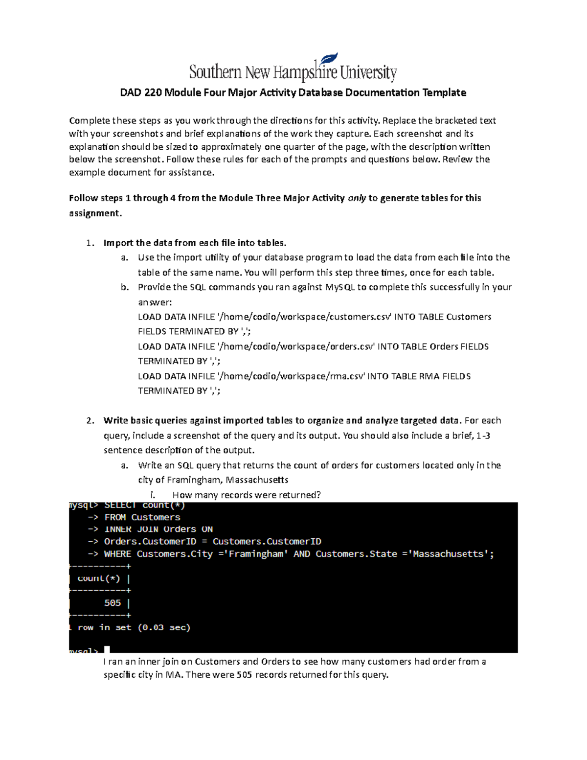 DAD 220 Module Four Major Activity Database Documentation Template