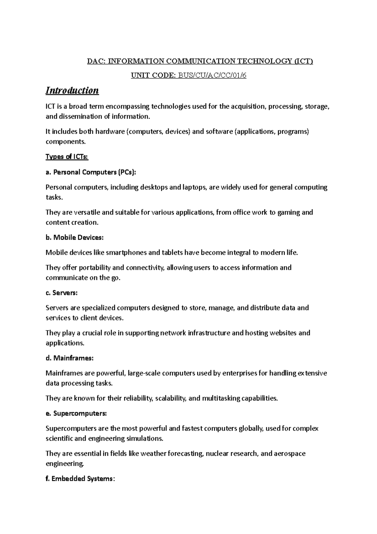ICT Introduction Notes. topic 1&2 docx - DAC: INFORMATION COMMUNICATION ...