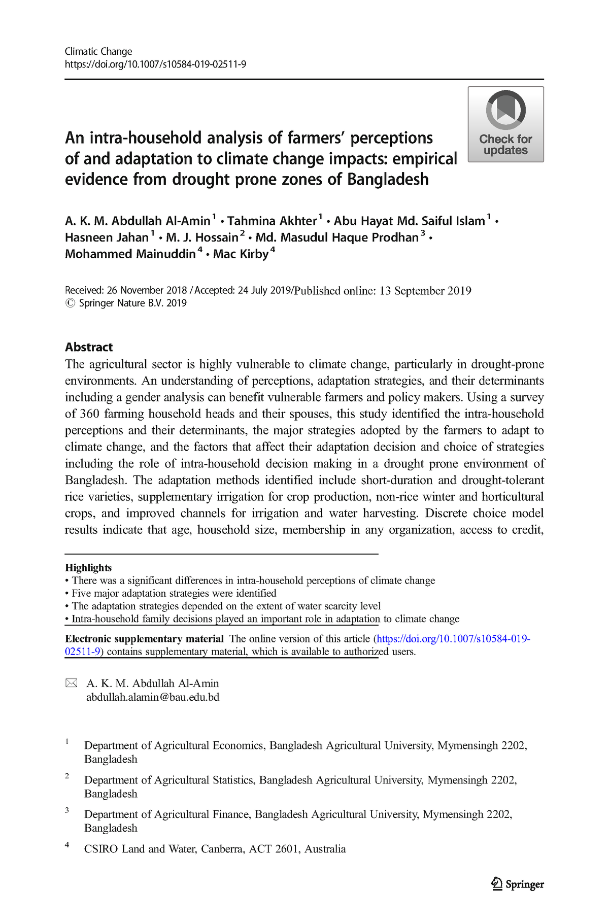 Al-amin2019 - climate change adaptation - An intra-household analysis