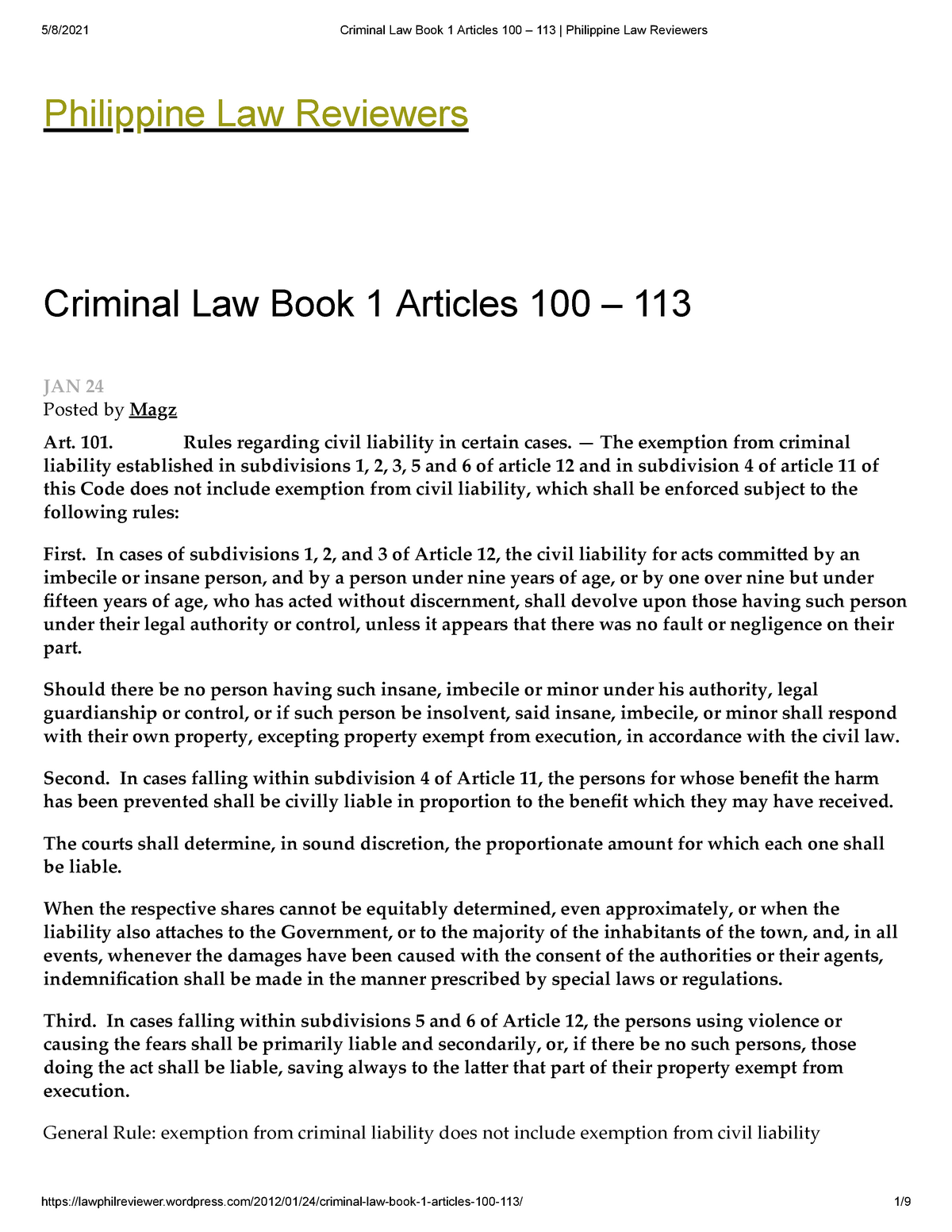 Criminal Law Book 1 Articles 100 – 113 Philippine Law Reviewers ...