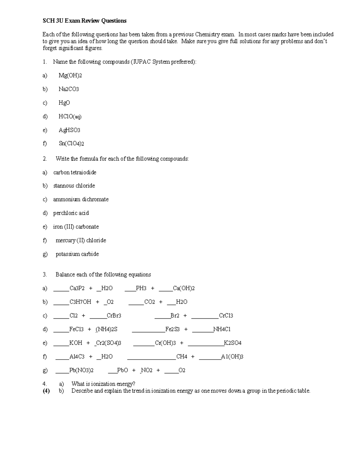 Chemistry Exam Practice - SCH 3U Exam Review Questions Each of the ...