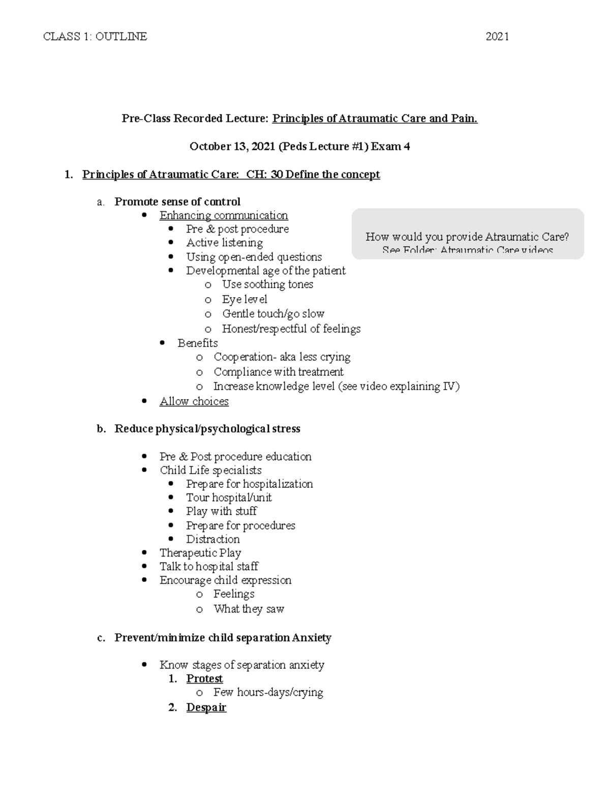 Pediatric Atraumatic CARE & PAIN- Lecture #1 - NSG 100 - UNE - Studocu