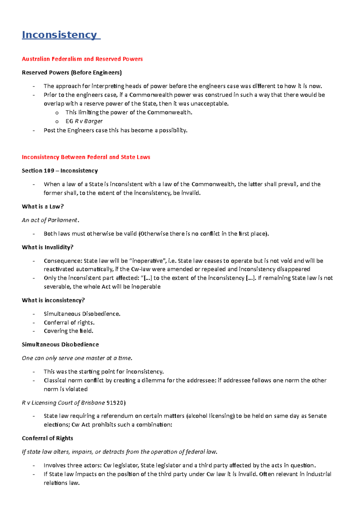 Inconsistency - Lecture notes 1-3 - Inconsistency Australian Federalism ...