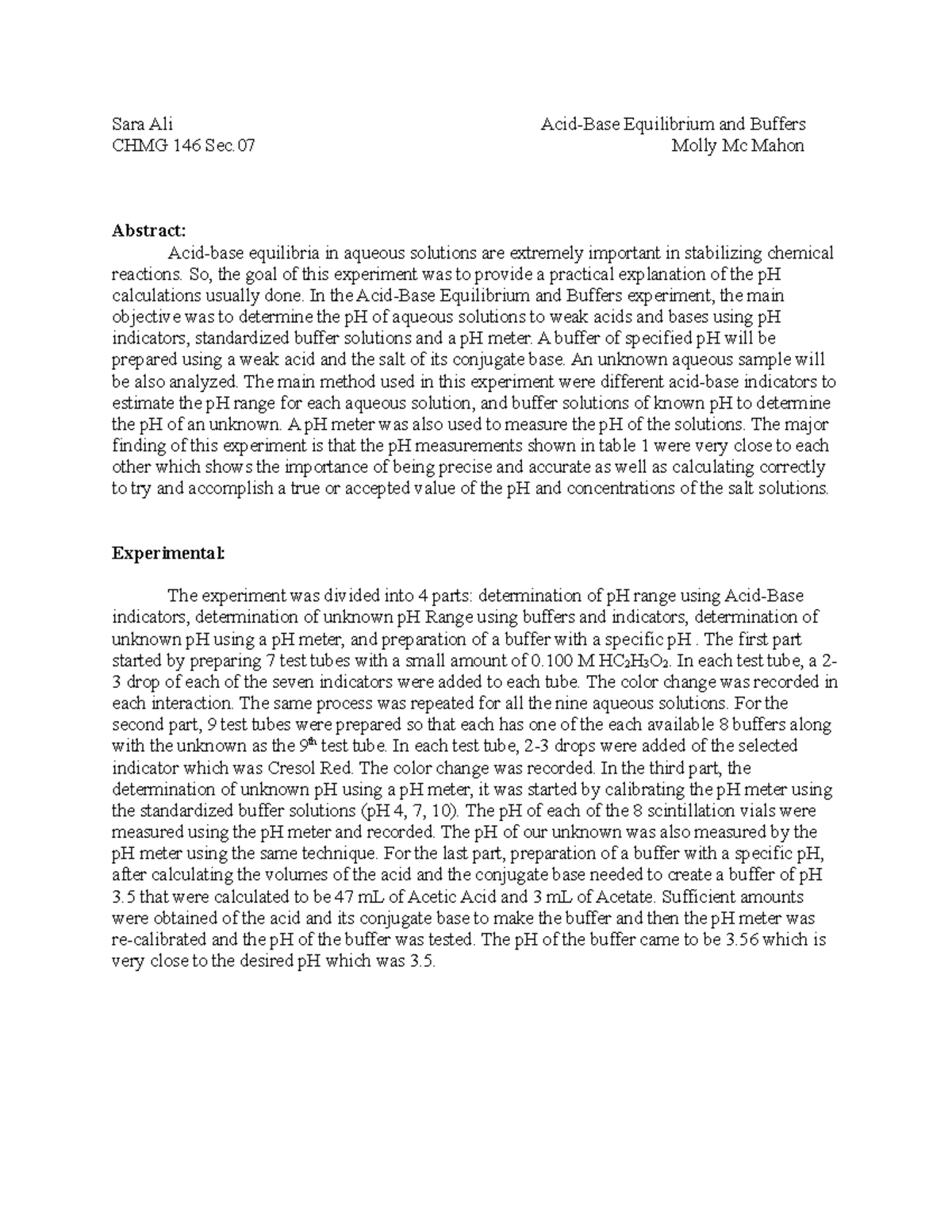 Lab Report 5 Sara Ali AcidBase Equilibrium and Buffers CHMG 146 Sec