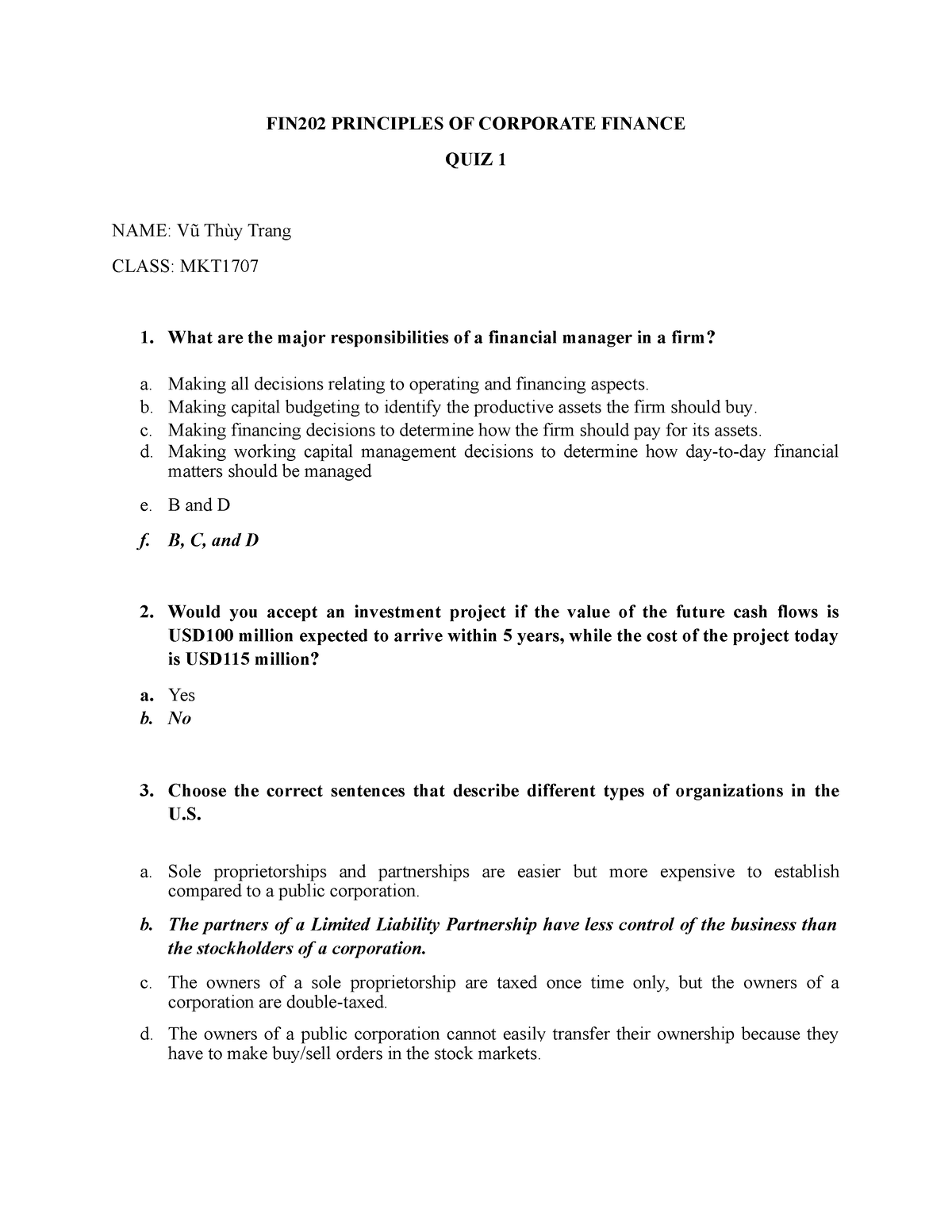 FIN202 QUIZ 1 Questions - FIN202 PRINCIPLES OF CORPORATE FINANCE QUIZ 1 ...