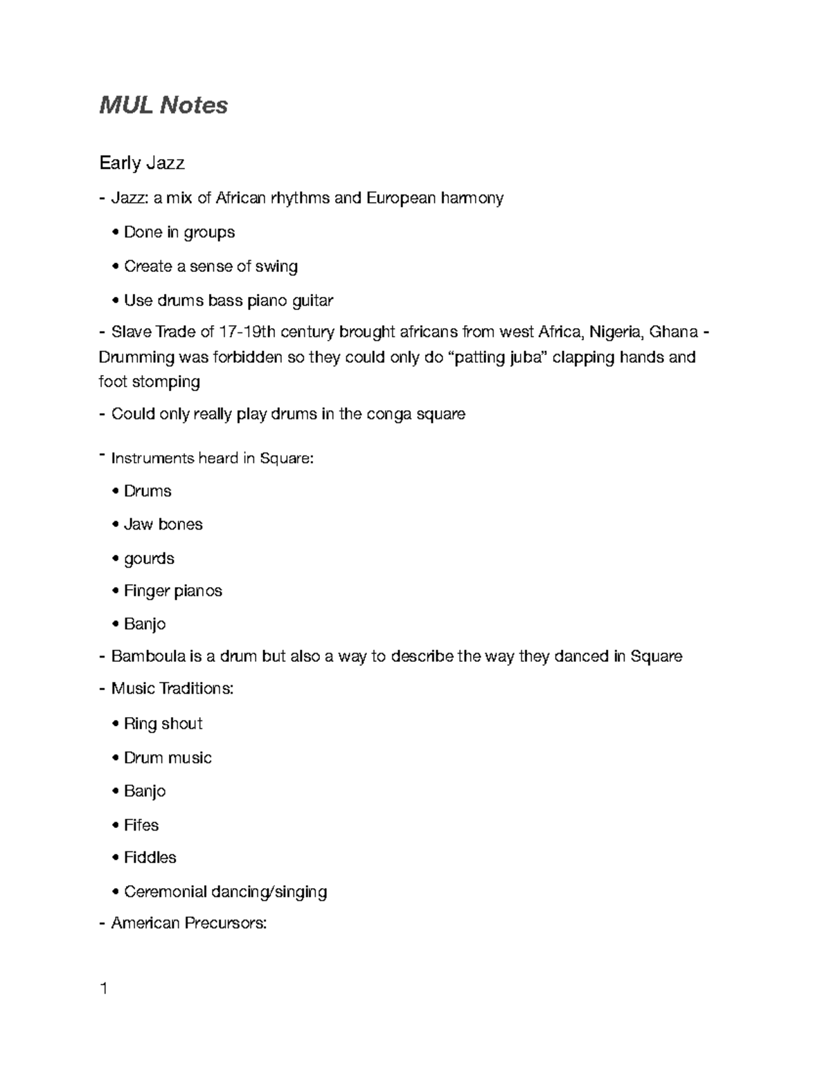 MUL Notes - MUL Notes Early Jazz - Jazz: a mix of African rhythms and ...