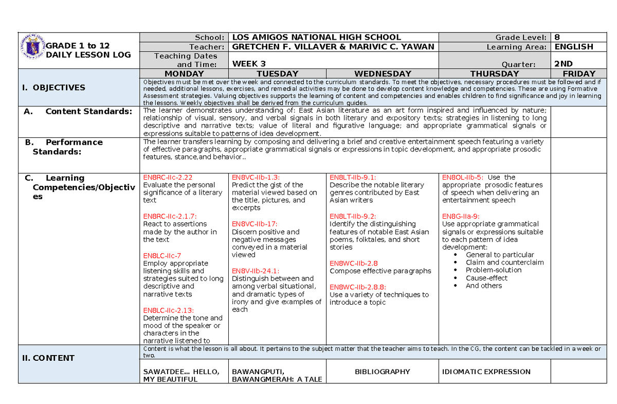 DLL-ENG8-2NDQ- WEEK 2 - GRADE 1 to 12 DAILY LESSON LOG School: LOS ...