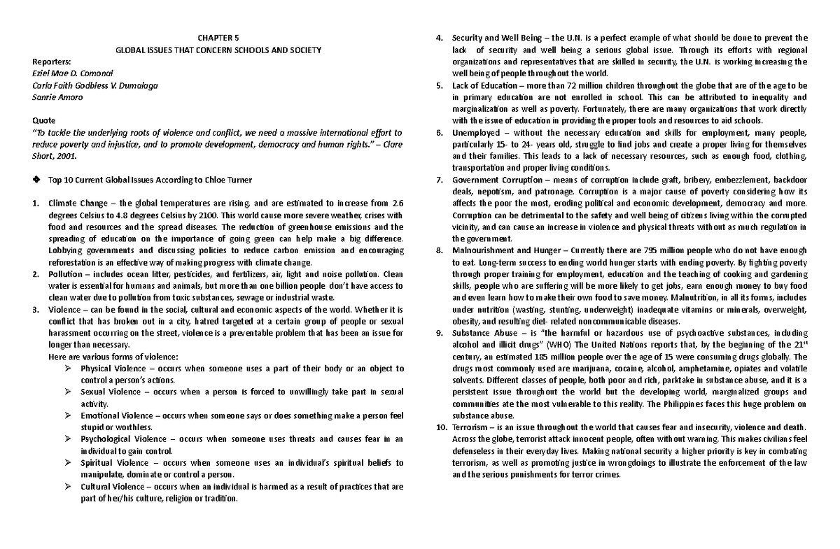 HAND OUT GLOBAL ISSUES CHAPTER 5 GLOBAL ISSUES THAT CONCERN SCHOOLS 