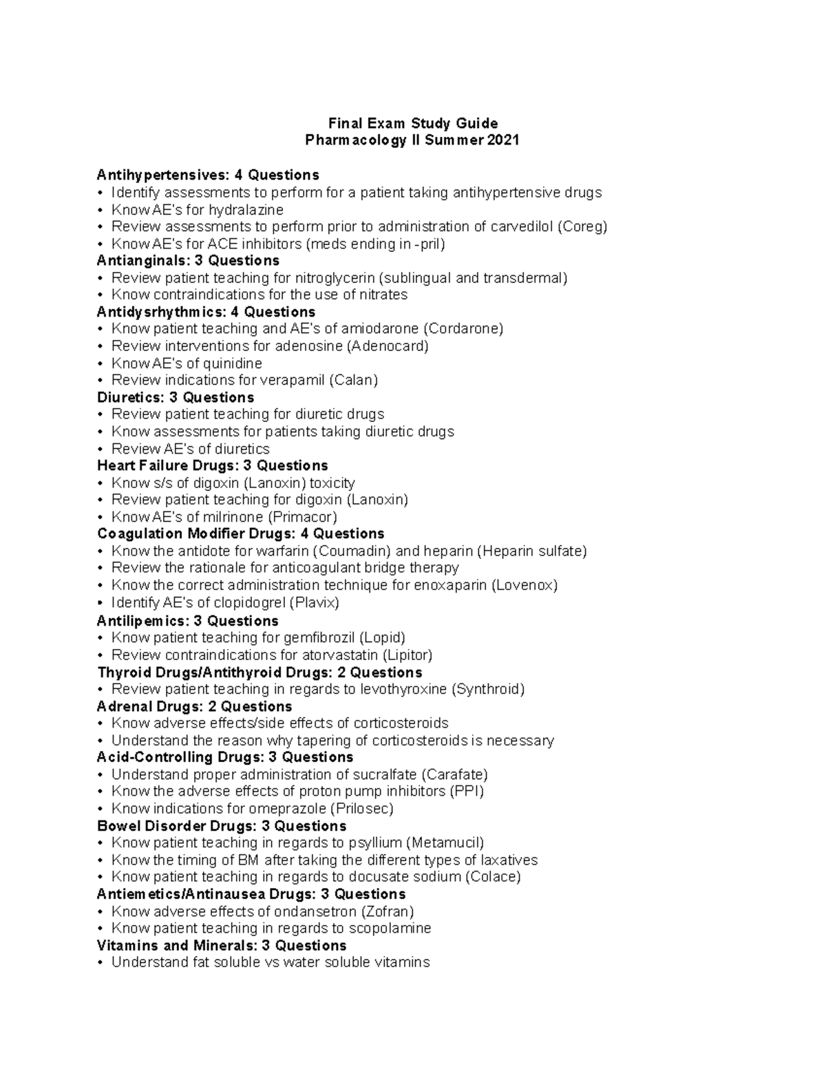 Final Exam Study Guide Pharm 2 BLW222 JCCC Studocu