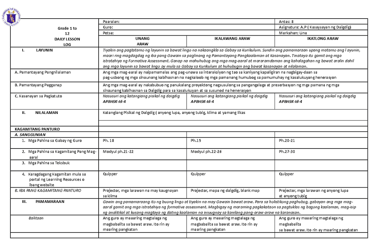 Week 2 For Academic Purposes Daily Lesson Log Grade 1 To 12 Daily Lesson Log Paaralan Antas 4450