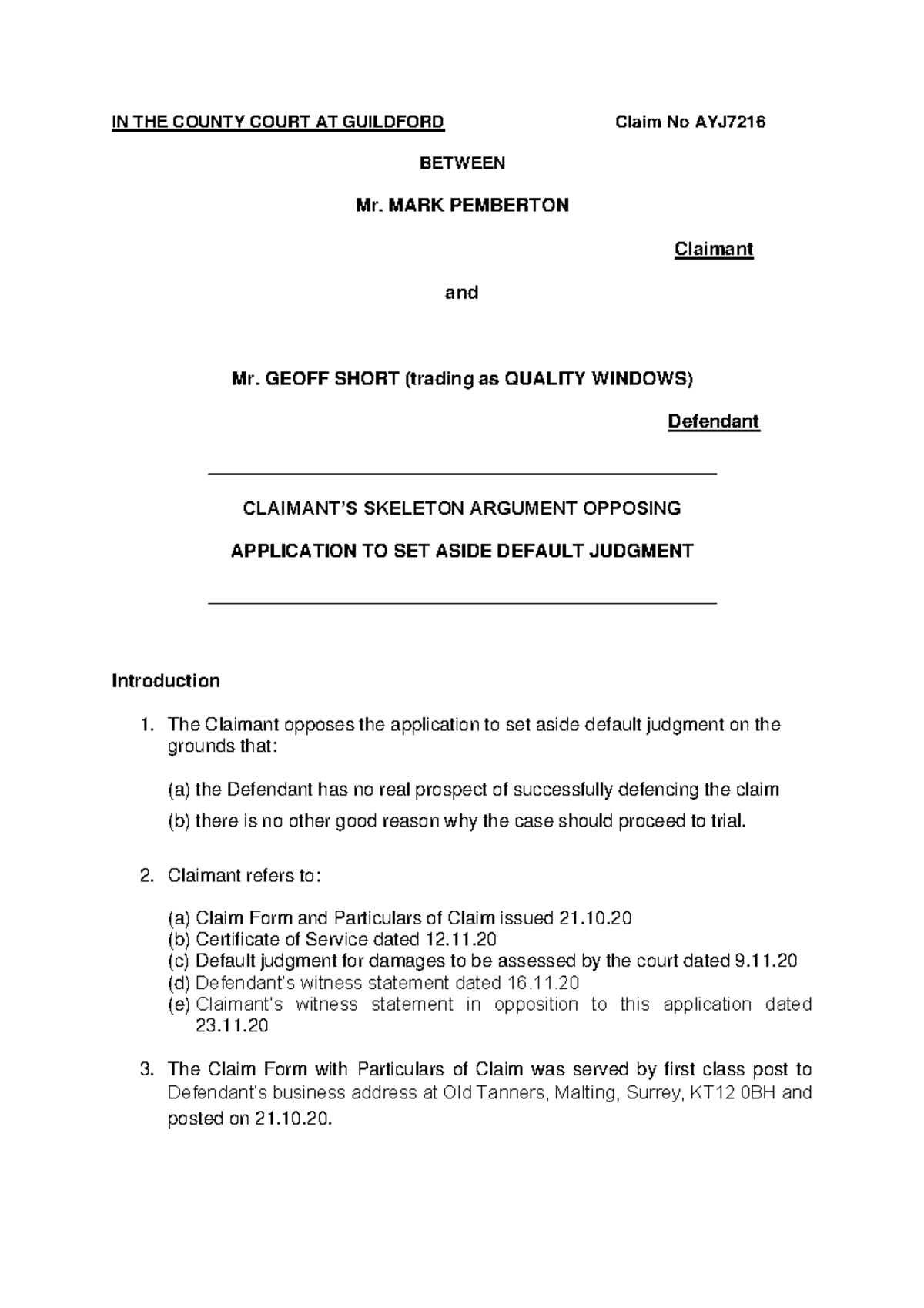 Claimant s Skeleton Argument Application To Set Aside Default Judgment 