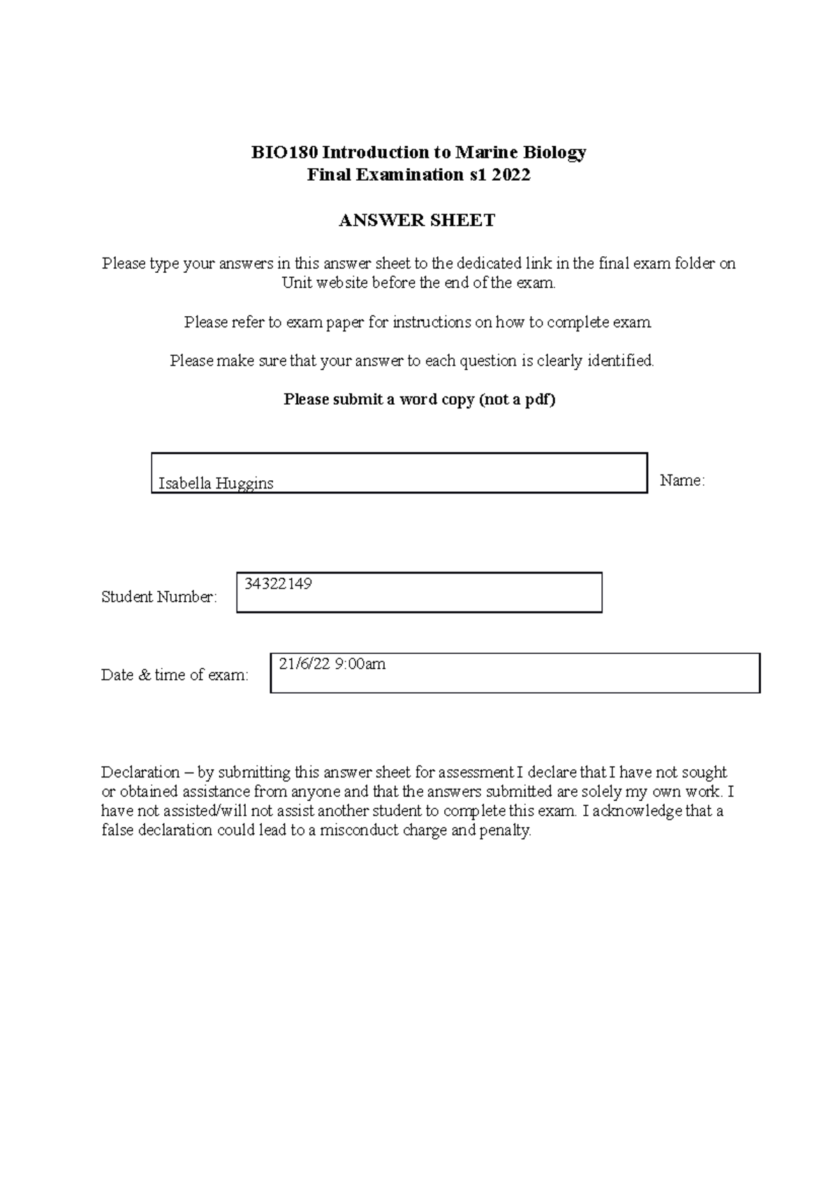 BIO180 Answer Sheet Final Examination 2022v2 BIO180 Introduction to