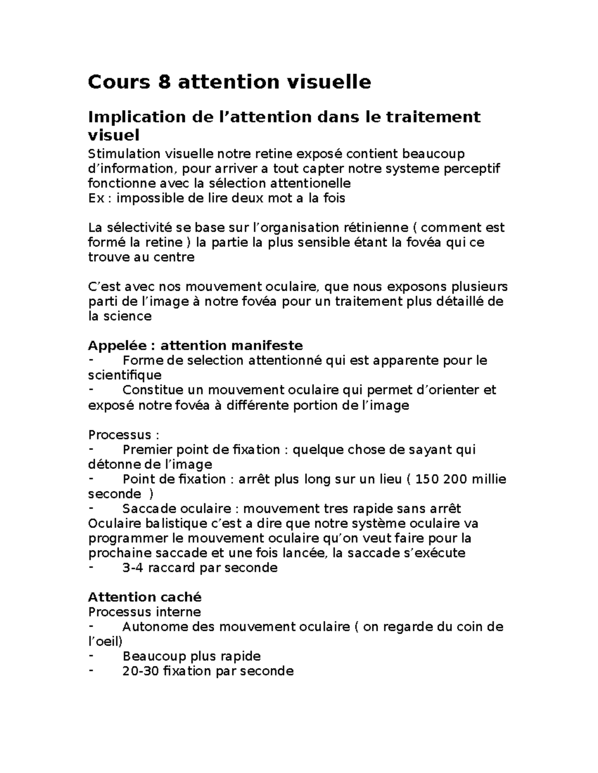 Cours 8 attention visuelle - Cours 8 attention visuelle Implication de ...