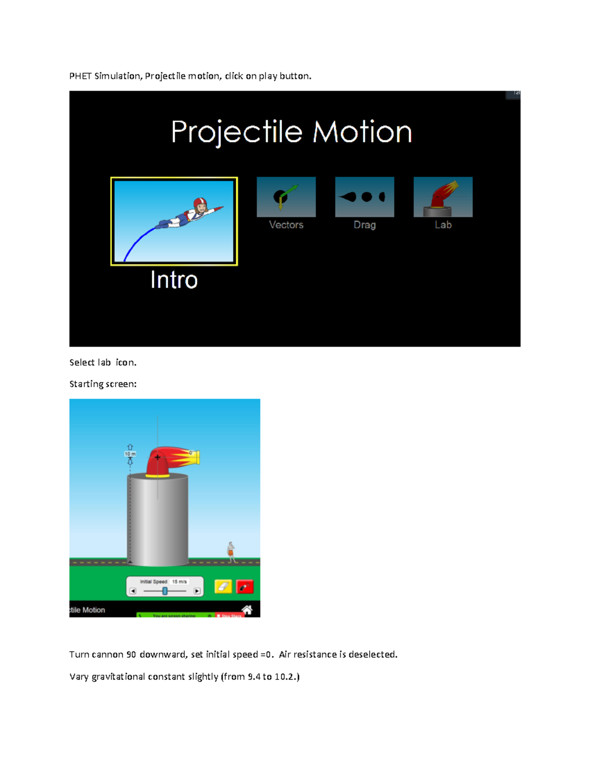 PHET Simulation lab 3 - manual lab - PHET Simulation, Projectile motion ...