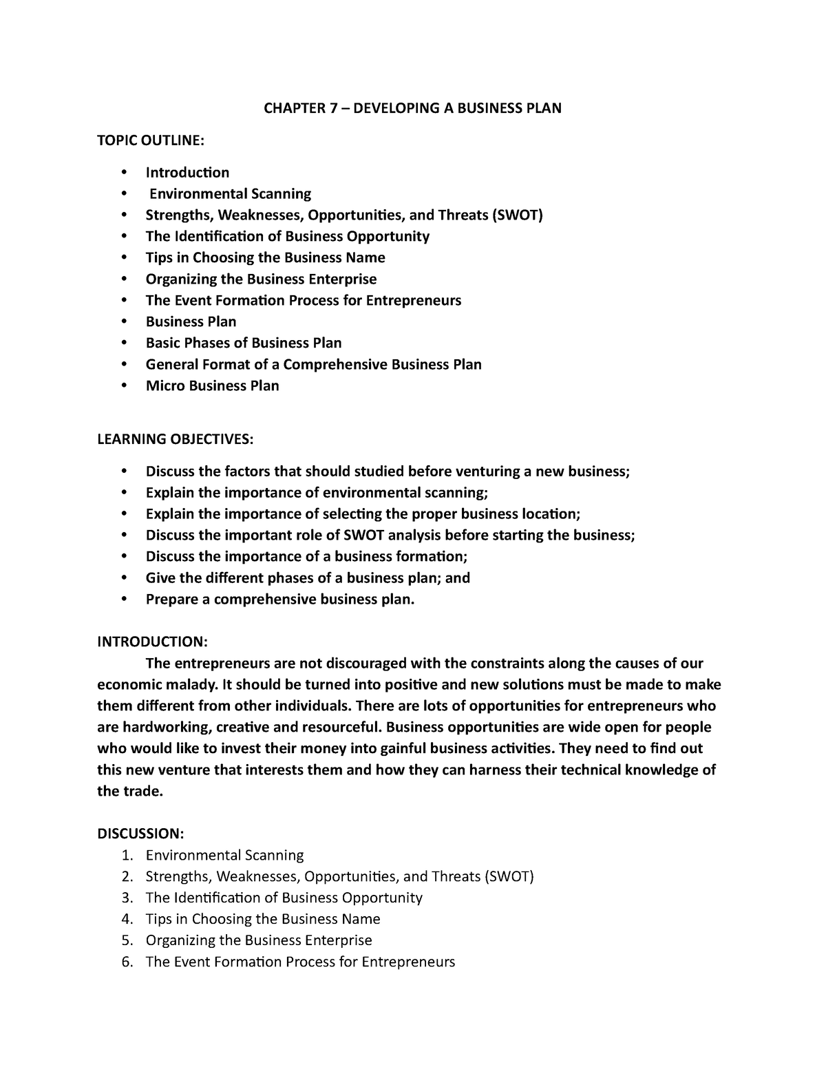 student notes aspects of a business plan the business plan