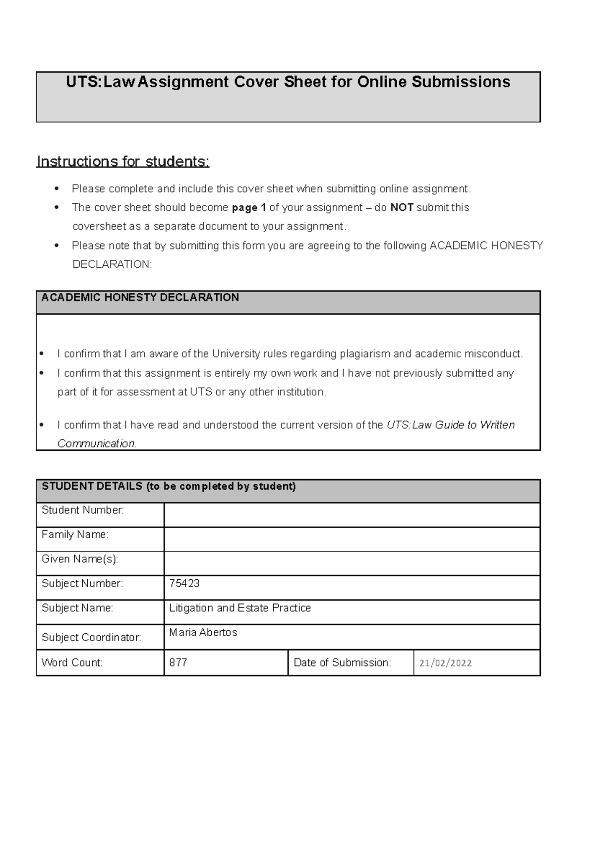 uts law assignment cover sheet