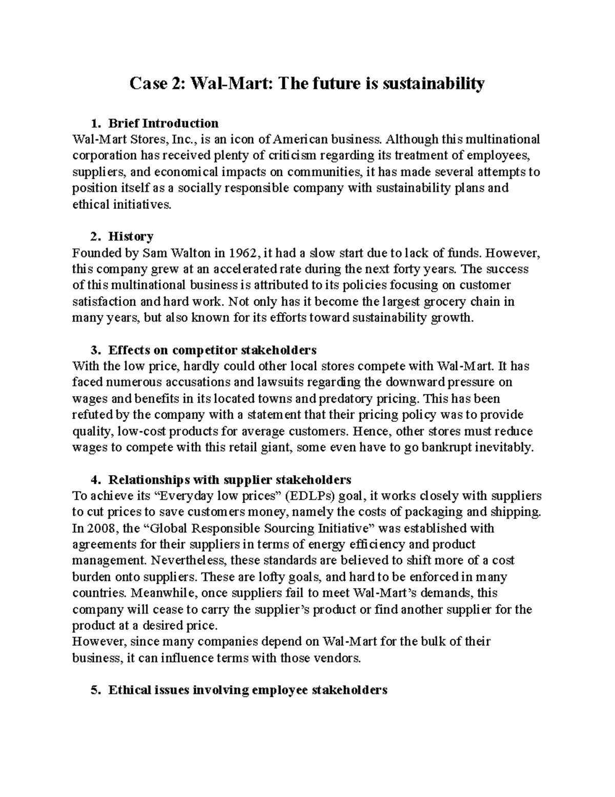 Summary CASE 2 Case 2 WalMart The future is sustainability Brief