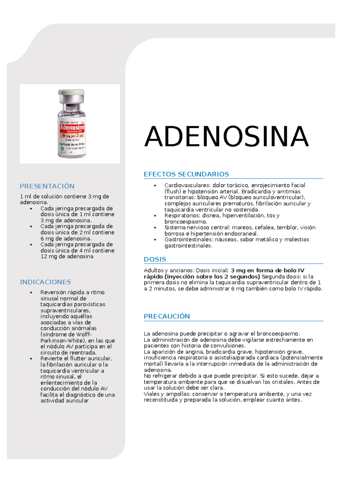 Adenosina Material De Apoyo ADENOSINA PRESENTACI N 1 Ml De Soluci n 