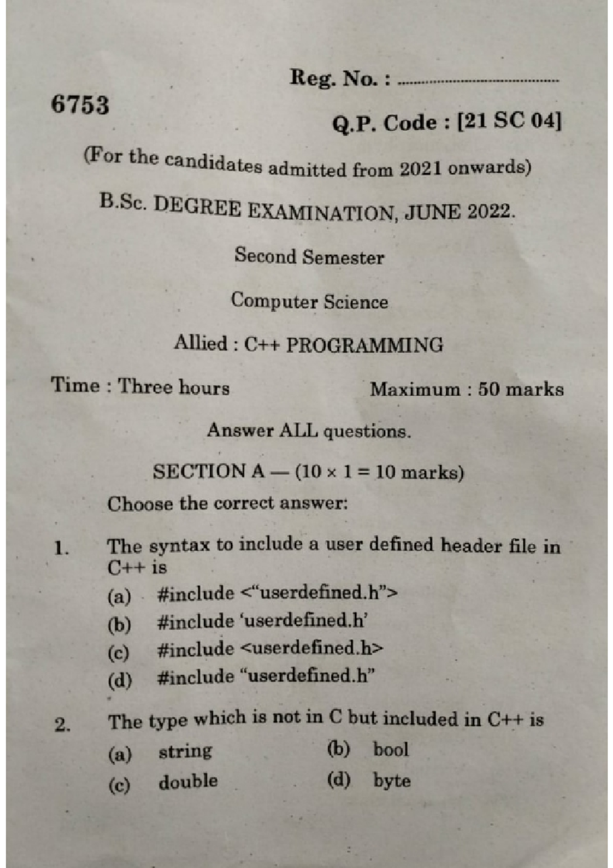 C++ Programming Question Paper - B.Sc. Computer Science - Studocu
