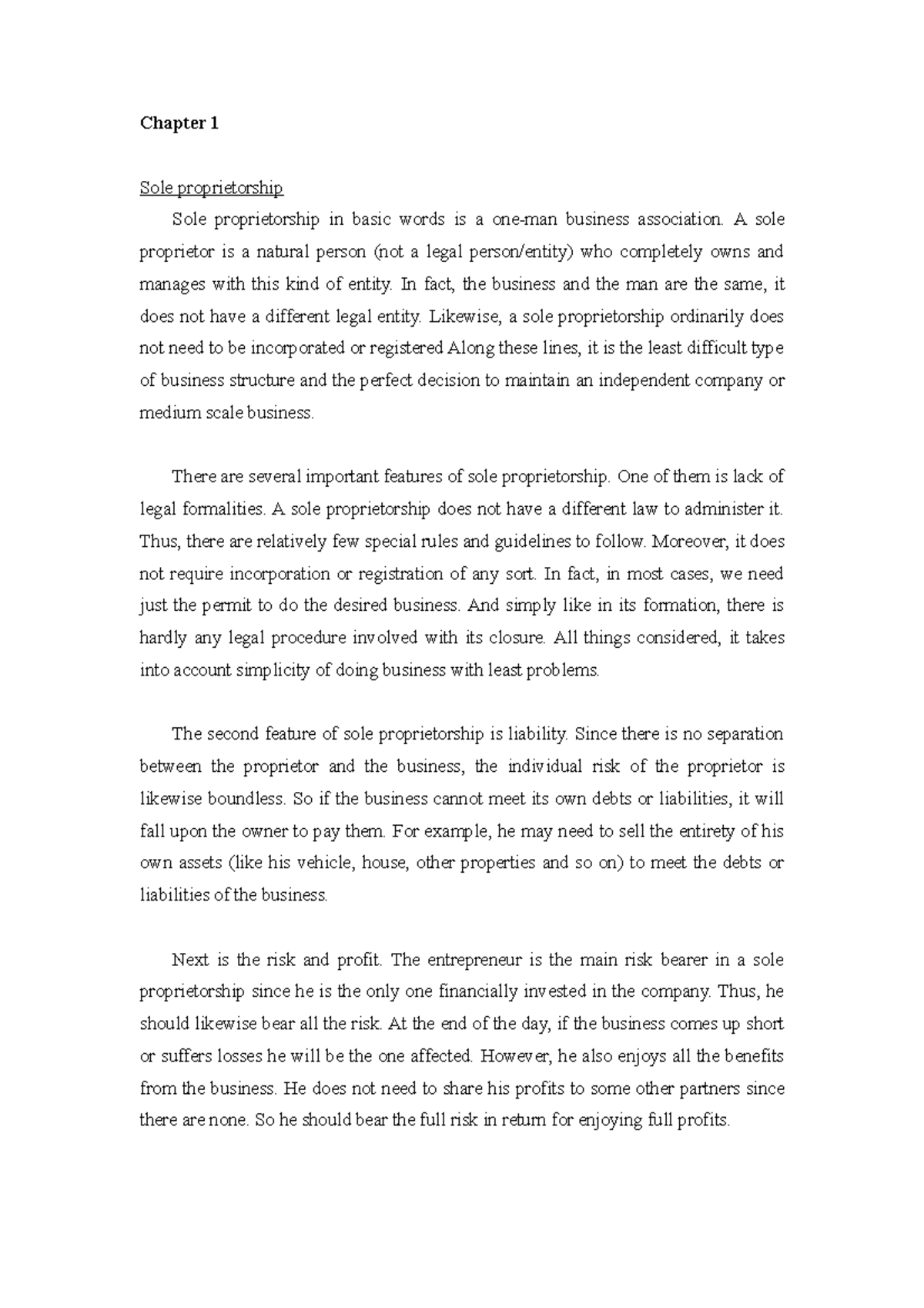 Notes Chapter 1 Chapter 1 Sole Proprietorship Sole Proprietorship In