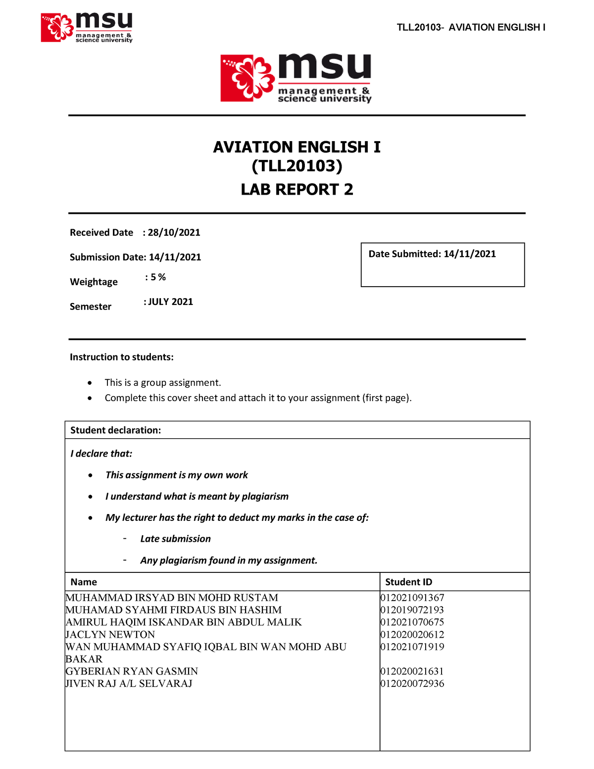 Lab Report- Aviation English - TLL20103 - AVIATION ENGLISH I AVIATION ...