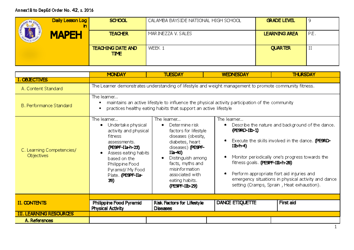 Q2 Grade 9 PE DLL Week 1 - For guidance in making DLL - Daily Lesson ...