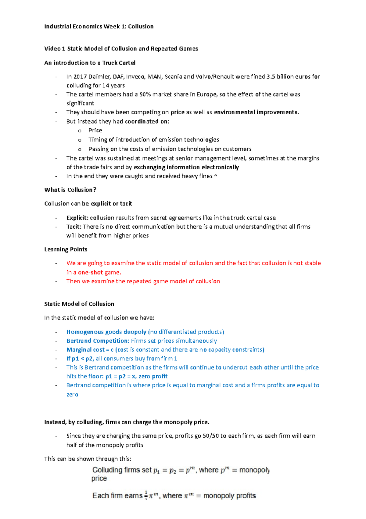 Industrial Economics Static Model of Collusion and Repeated Games ...