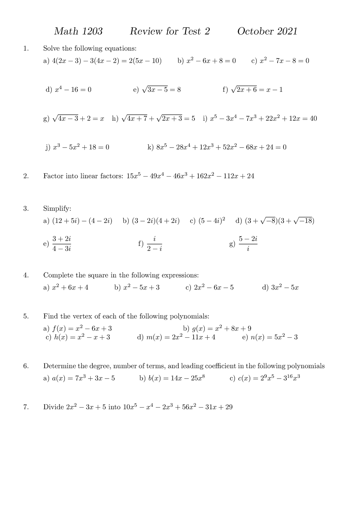 Review 2 - Math 1203 Review for Test 2 October 2021 Solve the following ...