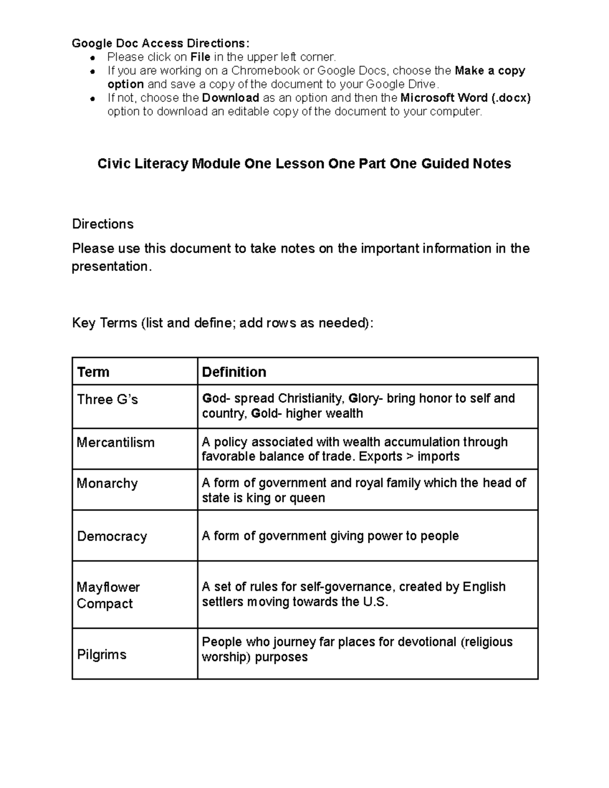 Copy of Module One Lesson One Part One Guided Notes - Google Doc Access ...